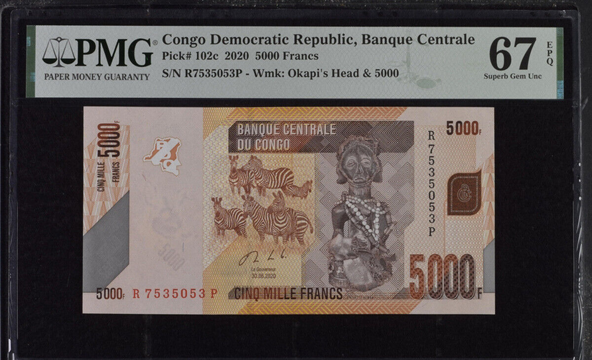 Congo 5000 Francs 2020 P 102 c Superb Gem UNC PMG 67 EPQ TOP POP