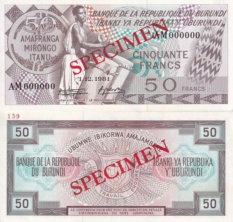 Burundi 50 Francs 1981 P 28 b Specimen UNC