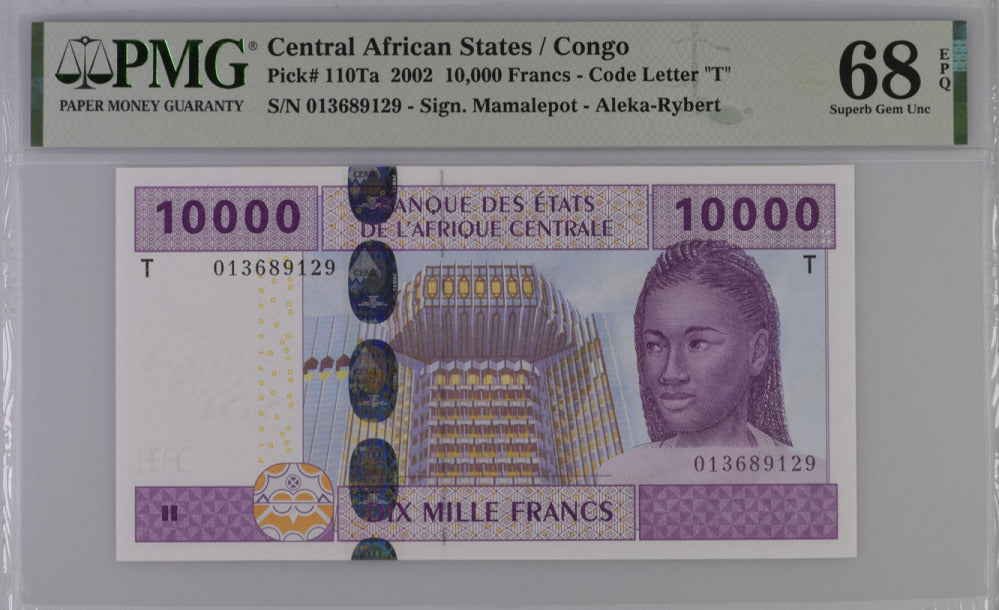 Central African St. Congo 10000 FR. 2002 P 110Ta Superb Gem UNC PMG 68 EPQ