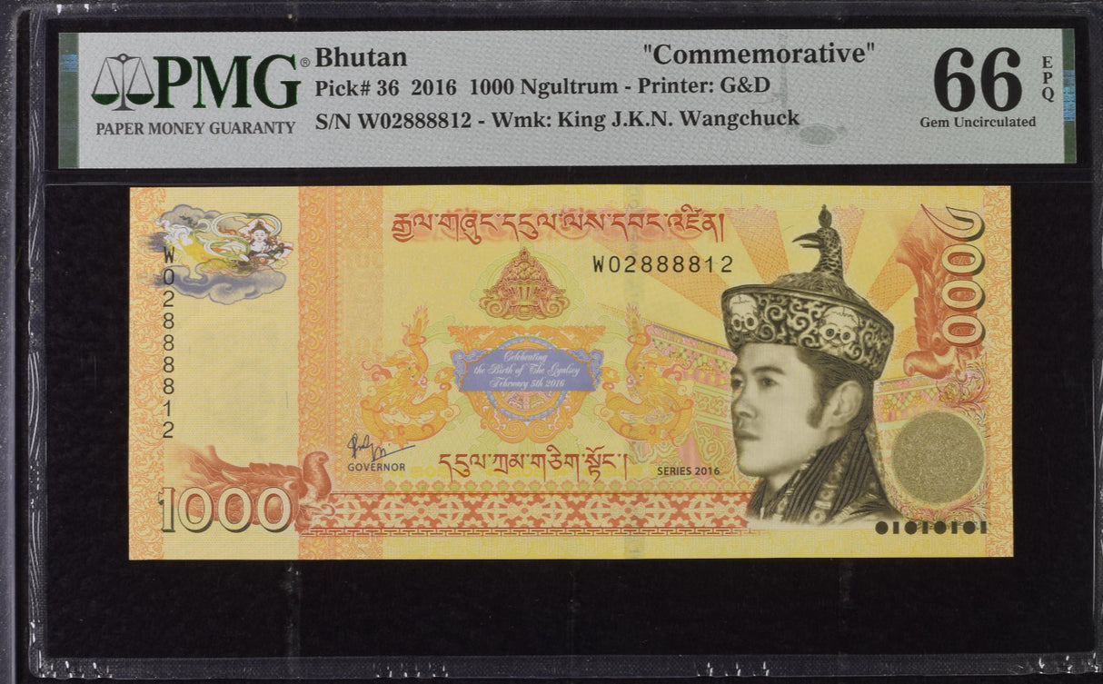 Bhutan 1000 Ngultrum 2016 P 36 Comm. Gem UNC PMG 66 EPQ