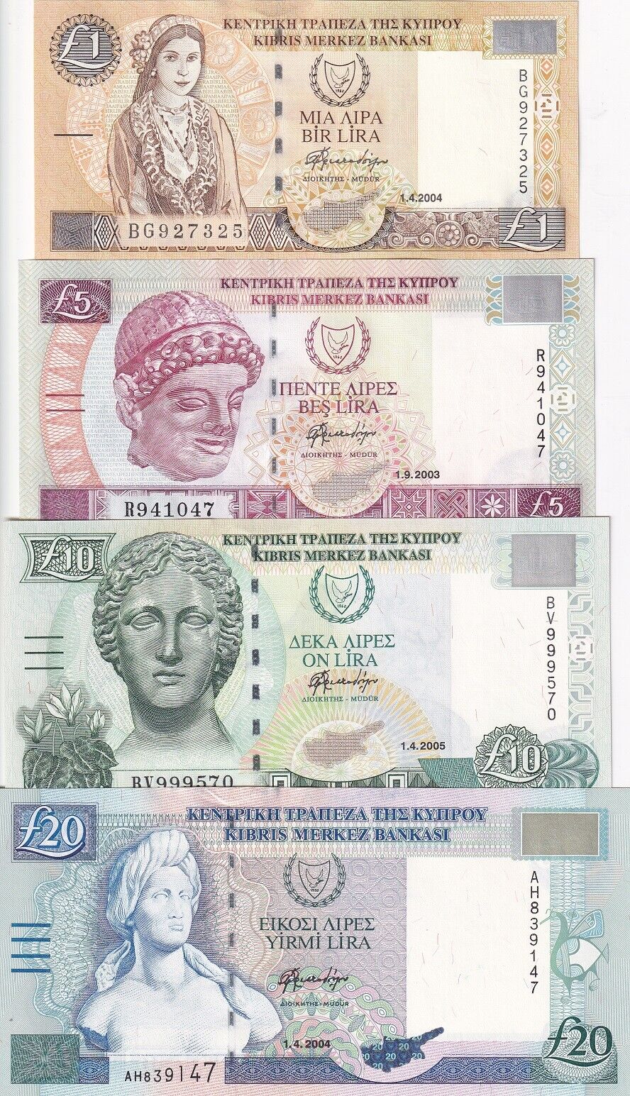 Cyprus Set 4 PCS 1 5 10 20 Pound 2003-2005 P 60 61 62 63 UNC