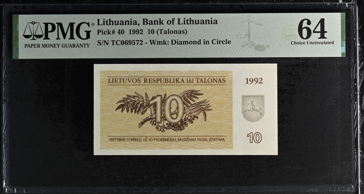 Lithuania 10 Talonas 1992 P 40 Choice UNC PMG 64
