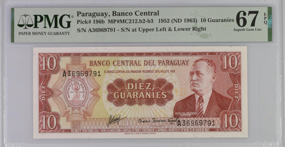 Paraguay 10 Guaranies 1952/1963 P 196 b Superb GEM UNC PMG 67 EPQ Top Pop