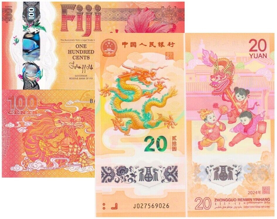 SET 2 UNC DRAGON Fiji 100 Cents 2023 CHINA 20 YUAN P 124 new Polymer