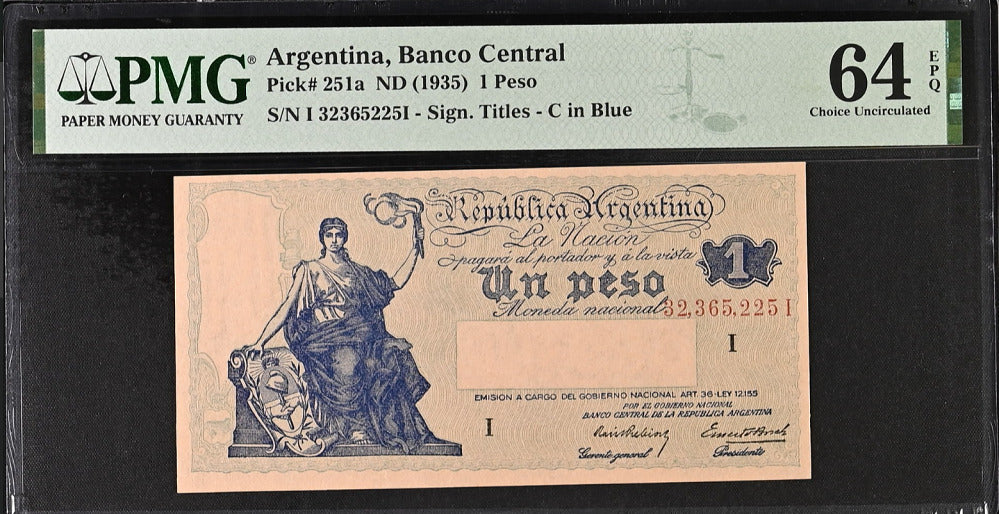 Argentina 1 Peso ND 1935 P 251 a Choice UNC PMG 64 EPQ