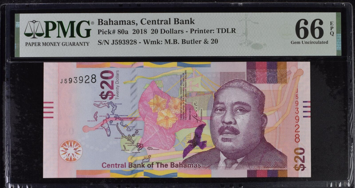 Bahamas 20 Dollars 2018 P 80 a Gem UNC PMG 66 EPQ