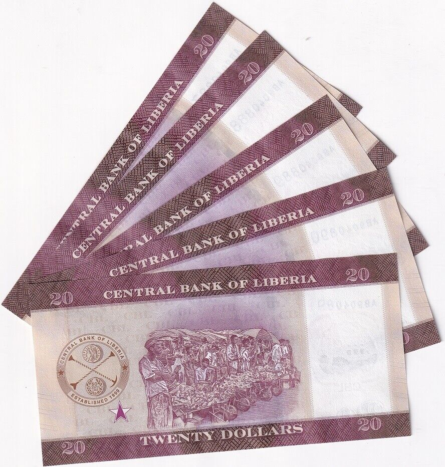 Liberia 20 Dollars 2022 P 39 UNC LOT 5 PCS