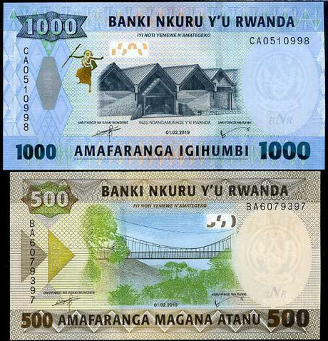 RWANDA SET 2 UNC 500 1,000 FRANCS 2019 P NEW COLOUR UNC