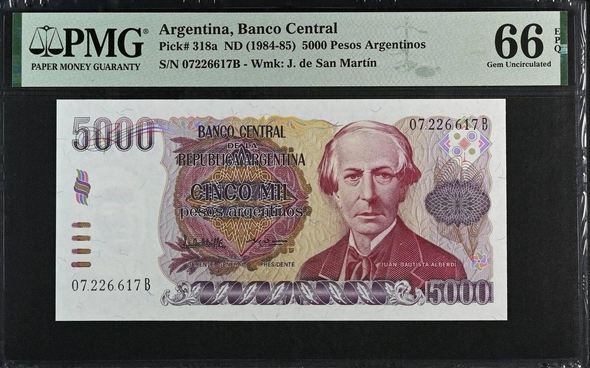 Argentina 5000 Pesos ND 1984-1985 P 318 a Gem UNC PMG 66 EPQ