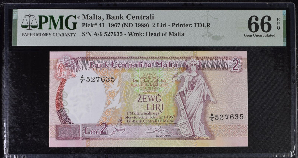 Malta 2 Lira 1967 ND 1989 P 41 Gem UNC PMG 66 EPQ