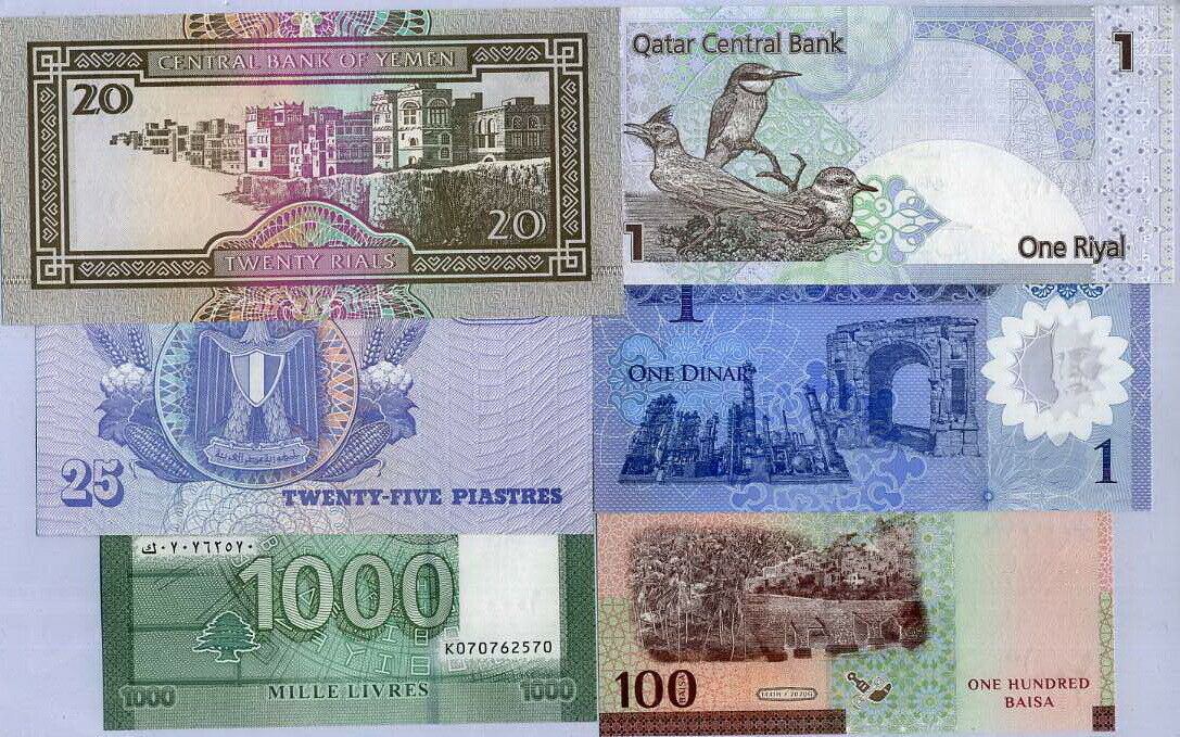 World Banknote Set 6 Pcs 6 Countries Yemen Libya Egypt Lebanon Qatar Oman UNC