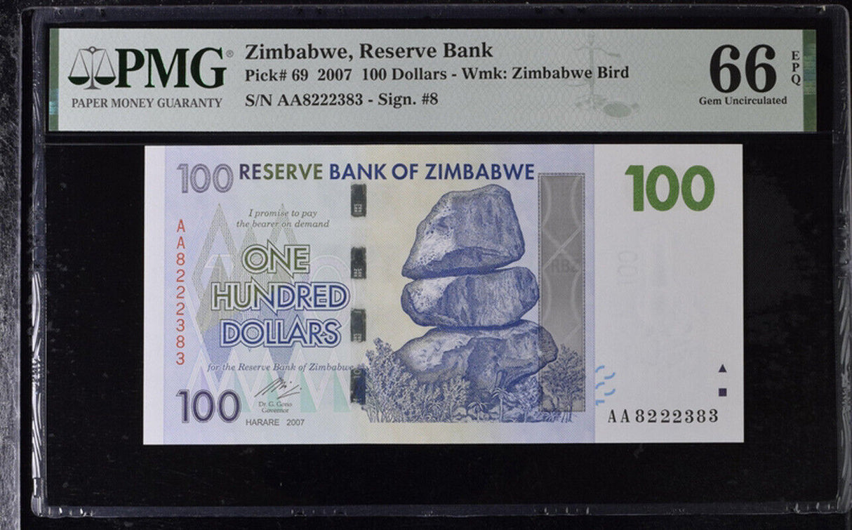 Zimbabwe 100 Dollars 2007 P 69 Gem UNC PMG 66 EPQ