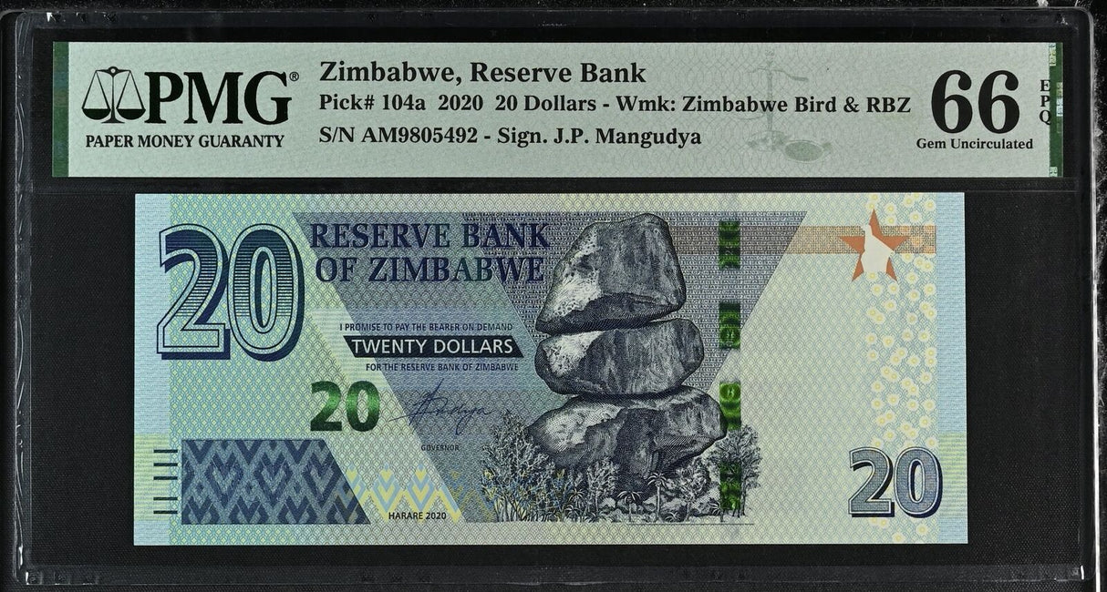 Zimbabwe 20 Dollars 2020 P 104 a Gem UNC PMG 66 EPQ
