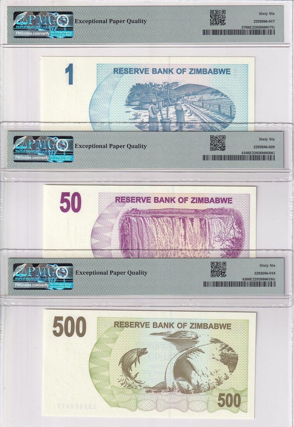 Zimbabwe Set 5; 1 50 500 750K 25Mill 2006-2008 P37-P52 Gem UNC PMG 66 EPQ