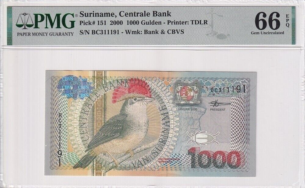 Suriname 1000 Gulden 2000 P 151 Gem UNC PMG 66 EPQ