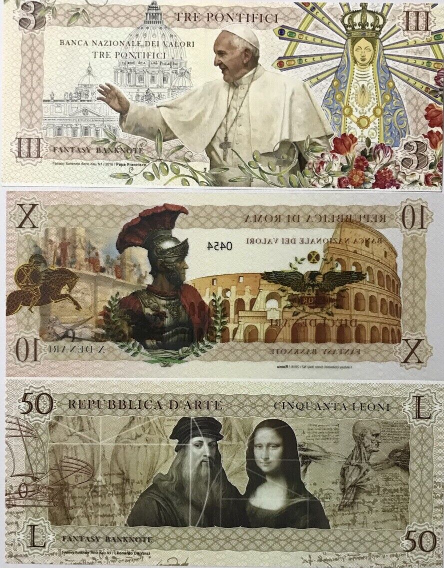 Italy Fantasy SET 3 10 50 2018 Pope Francisco Rome Da Vinci Paper Polymer