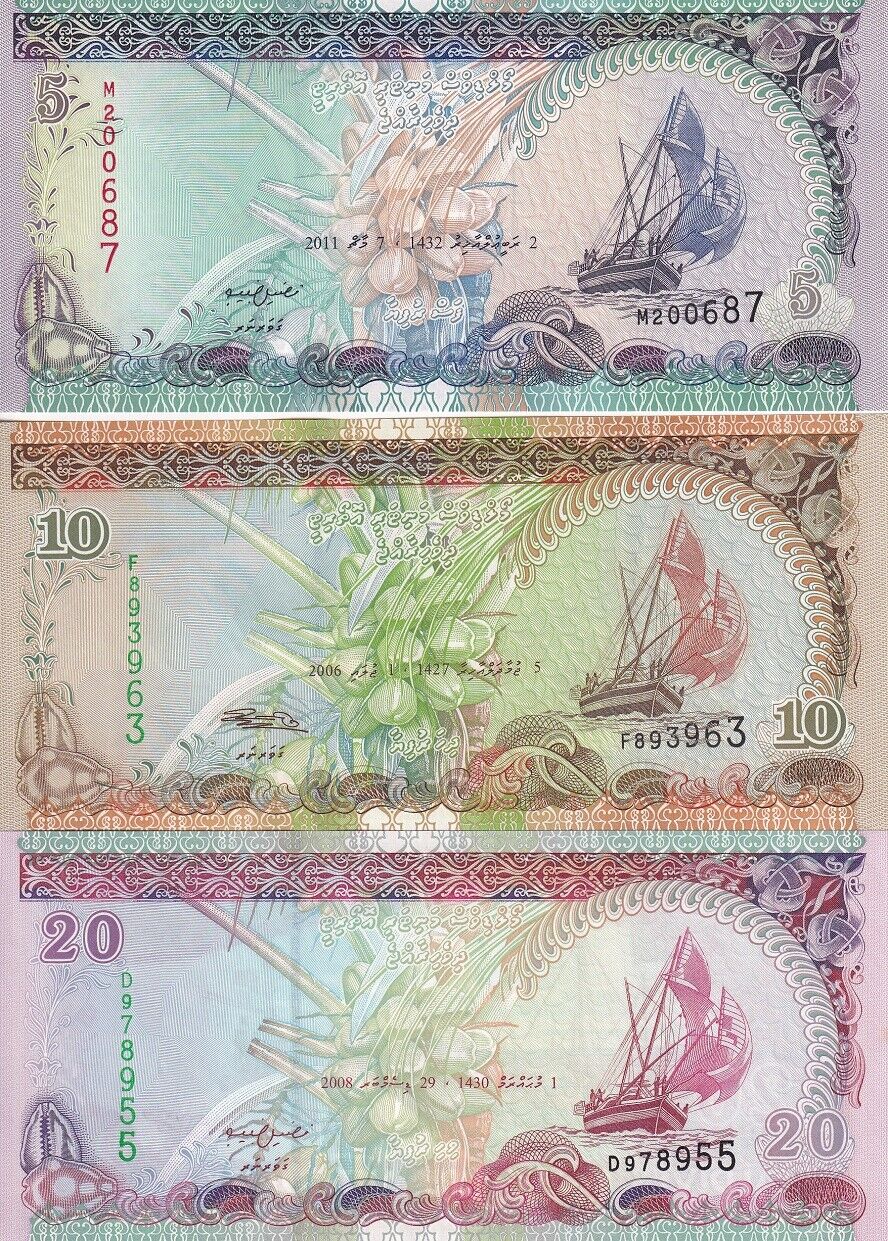 Maldives Set 3 UNC 5 10 20 Rufiyaa 2006-2011 P 18 19 20
