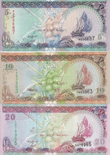 Maldives Set 3 UNC 5 10 20 Rufiyaa 2006-2011 P 18 19 20