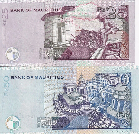 Mauritius Set 2 PCS 25 50 Rupees 2006 P 49 c P 50 c UNC