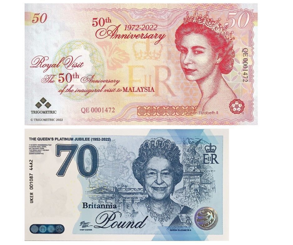 Test Note Set 2 Pcs Great Britain 70 Pound 2022 & Malaysia Queen Elizabeth II