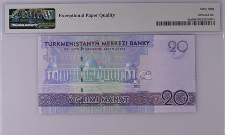 Turkmenistan 20 Manat 2020 P 45 a Superb Gem UNC PMG 69 EPQ Top Pop