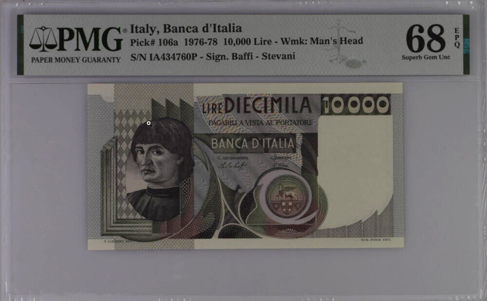 Italy 10000 Lire 1976-78 P 106 a Superb Gem UNC PMG 68 EPQ Top Pop