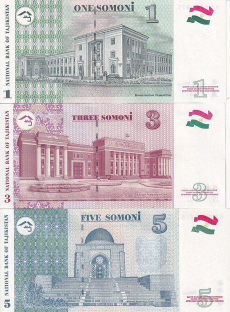 Tajikistan Set 3 Pcs 1 3 5 Somoni Random Year P 14A P 15 P 20 UNC