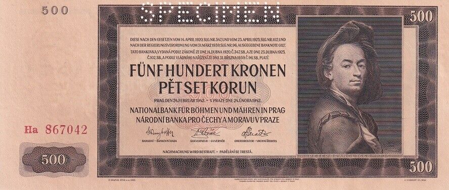 Bohemia 500 Korun 1942 P 12 s SPECIMEN UNC