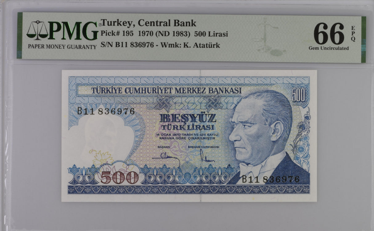 Turkey 500 Lira 1970 P 195 Gem UNC PMG 66 EPQ