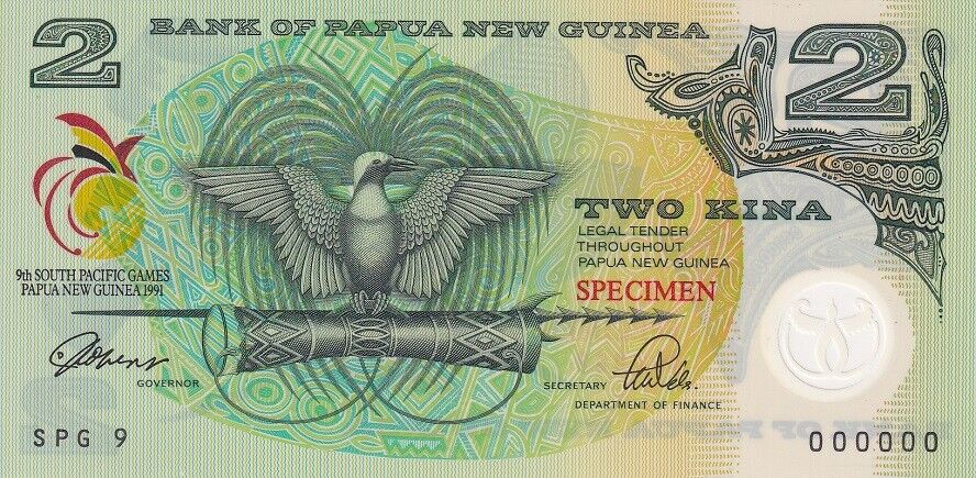 Papua New Guinea 2 Kina 1991 P 12 S Specimen Polymer Aunc Noteshobby 9152