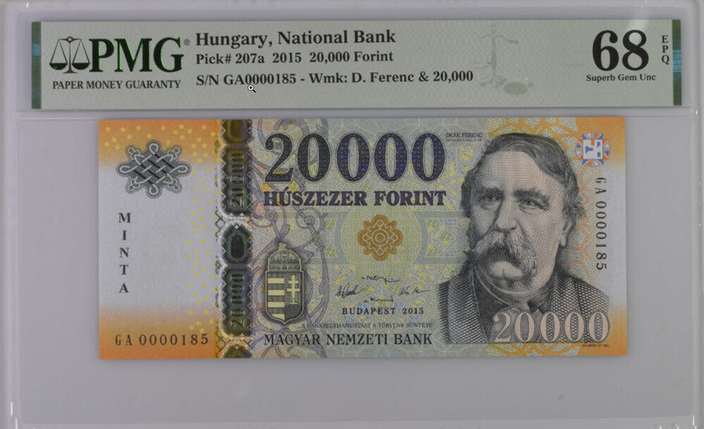 Hungary 20000 Forint 2015 P 207 a Low # 185 Superb Gem UNC PMG 68 EPQ Top Pop