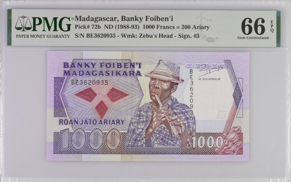 Madagascar 1000 Francs 200 Ariary 1988-93 P 72 b Gem UNC PMG 66 EPQ