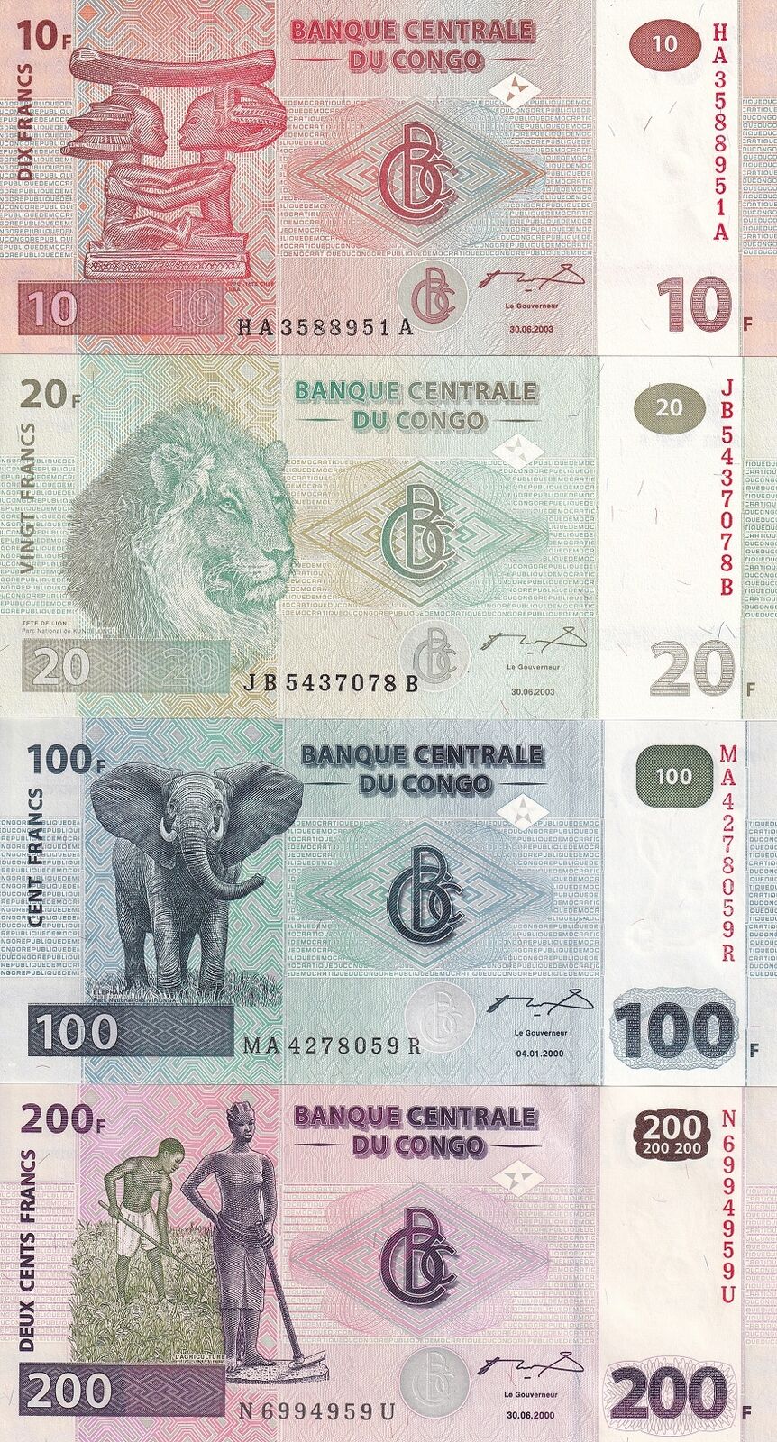 Congo Set 4 UNC 10 20 100 200 Francs 2000-2003 P 92 93 94 95