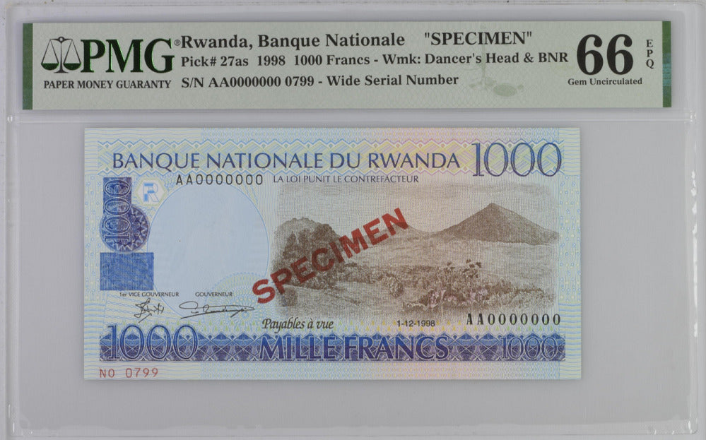 Rwanda 1000 Francs 1998 P 27 as SPECIMEN Gem UNC PMG 66 EPQ Top Pop