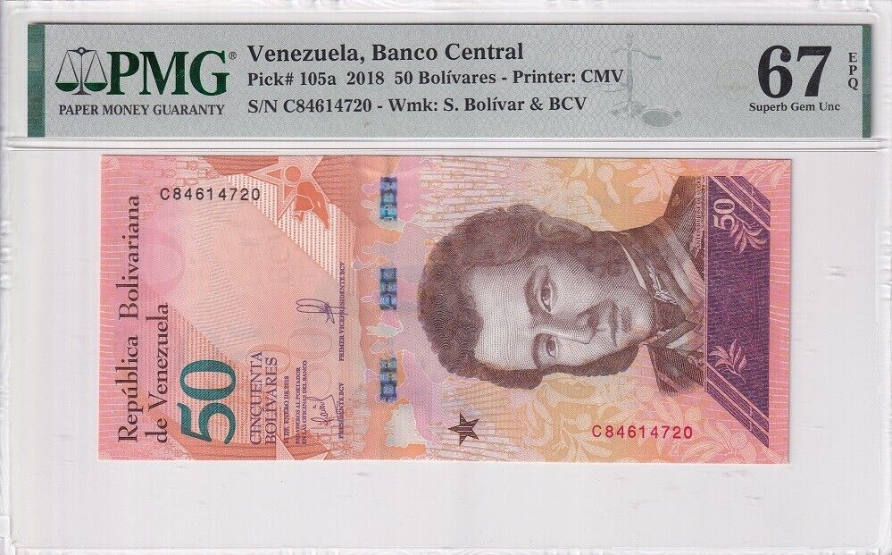 Venezuela 50 Bolivares 2018 P 105 a Superb Gem UNC PMG 67 EPQ