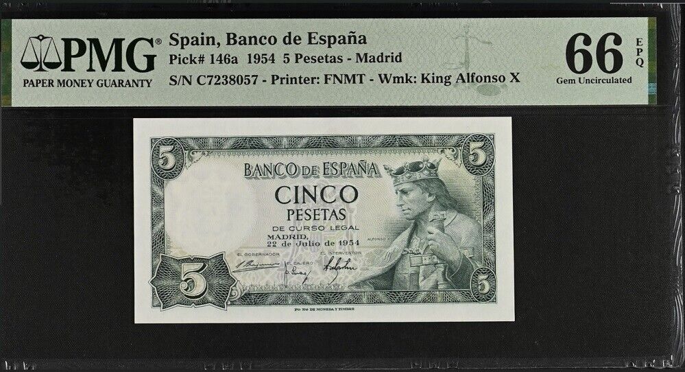 Spain 5 Pesetas 1954 P 146 a Gem UNC PMG 66 EPQ