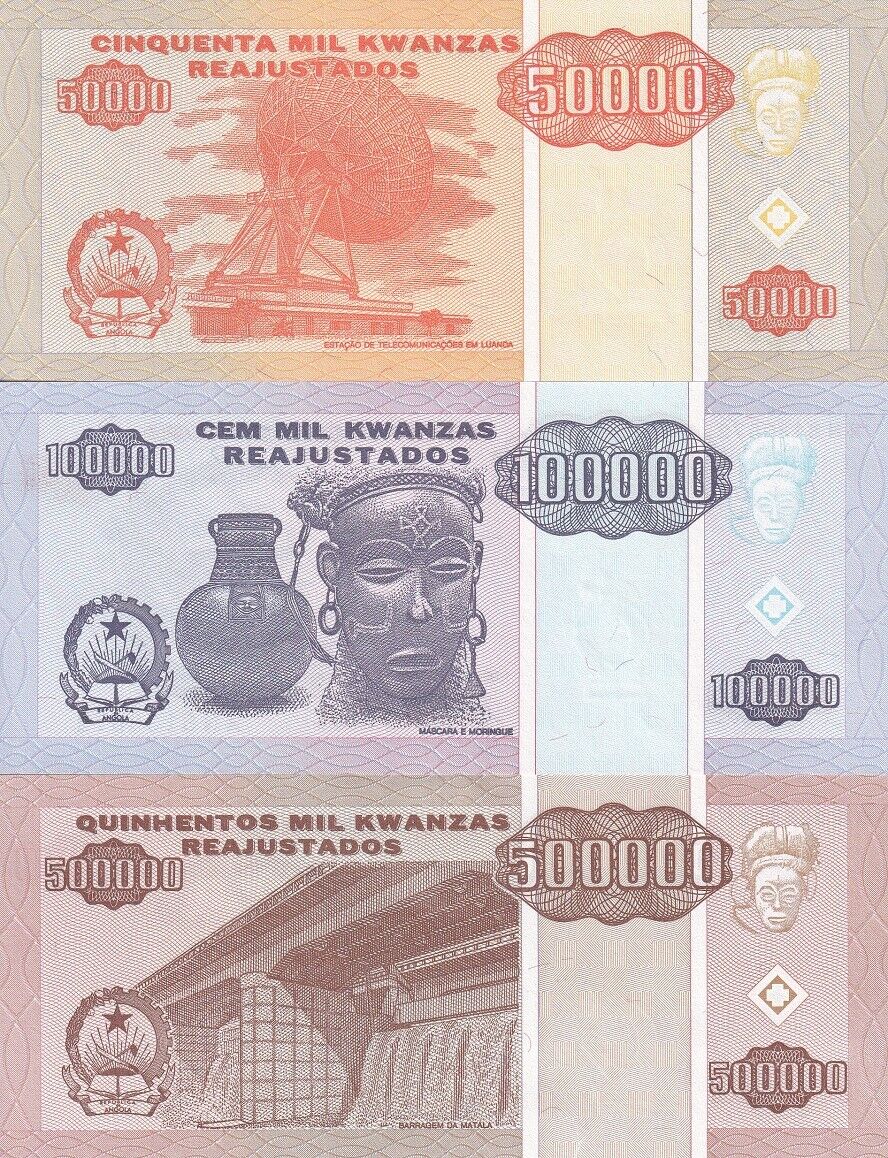 Angola Set 3 Pcs 50000 100000 500000 Kwanzas 1995 P 138 139 140 UNC