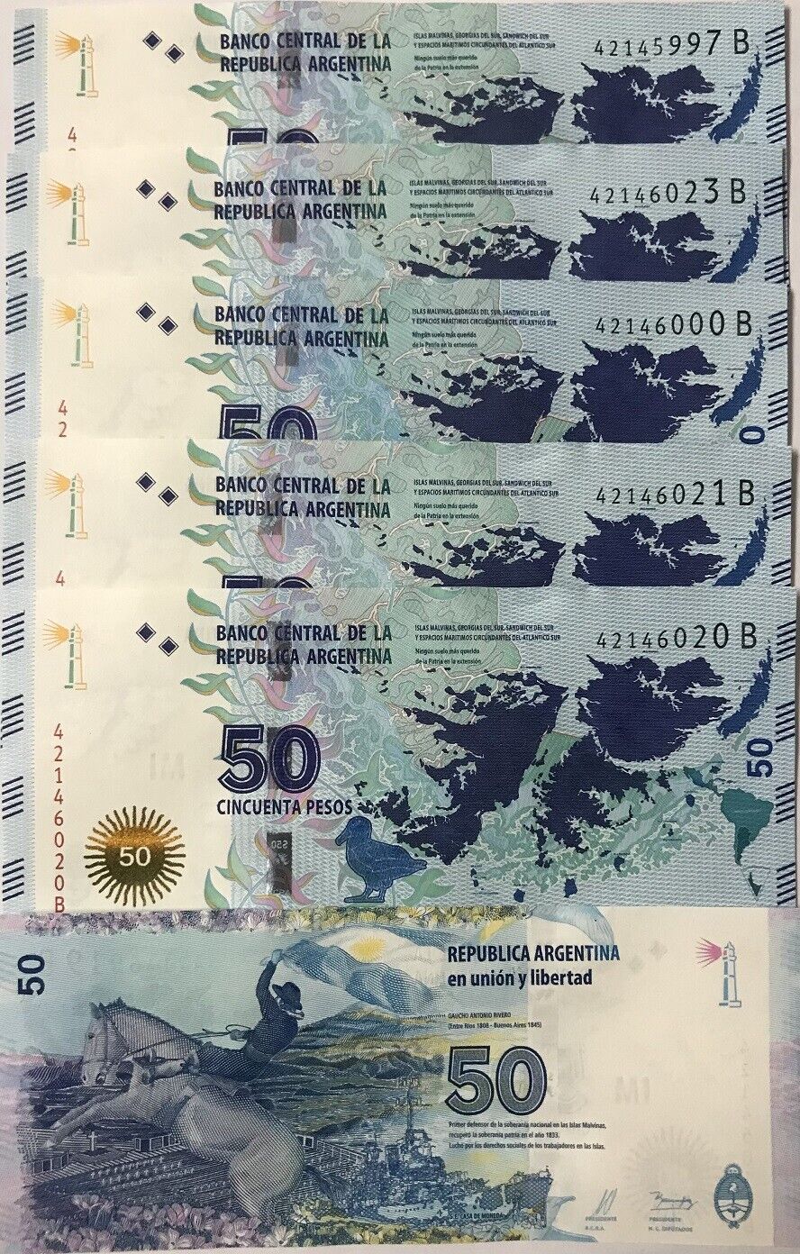 Argentina 50 Pesos 2015 SERIES B P 362 ISLAS MALVINAS UNC LOT 5 PCS