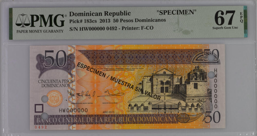 Dominican Republic 50 Pesos 2013 P 183 cs Specimen Superb Gem UNC PMG 67 EPQ Top