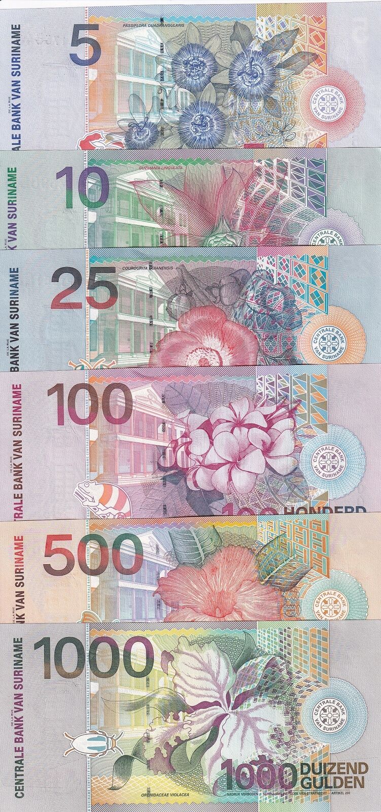 Suriname Set 6 UNC 5 10 25 100 500 1000 Gulden 2000 P 146 147 148 149 150 151