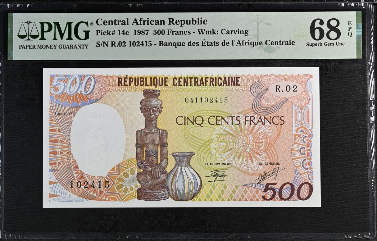 Central African Republic 500 Francs 1987 P 14 c Superb Gem UNC PMG 68 EPQ