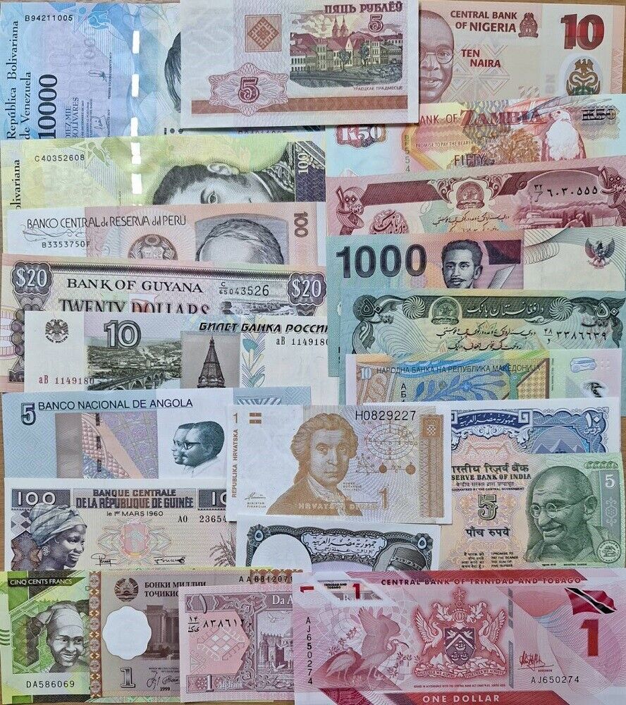 World Banknotes Lot Set 22 Pcs From 17 Countries All