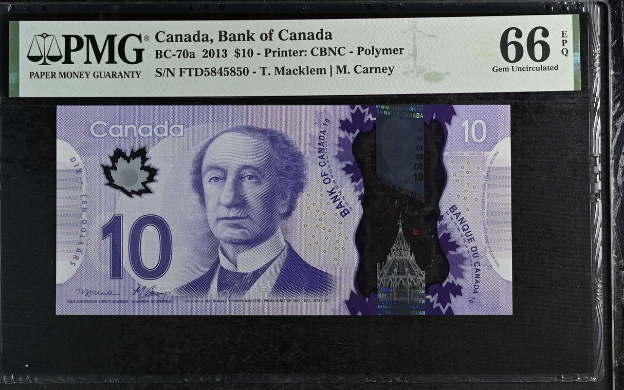 Canada 10 Dollars 2013 P 107 Polymer Macklem-Carney Gem UNC PMG 66 EPQ