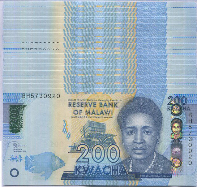 Malawi 200 Kwacha 2020 P 60 UNC Lot 20 Pcs 1/5 Bundle