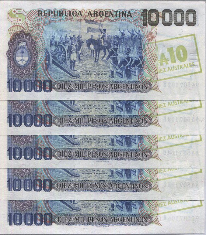 Argentina 10 Australes On 10000 Pesos ND 1985 P 322 d AUnc Lot 5 PCS