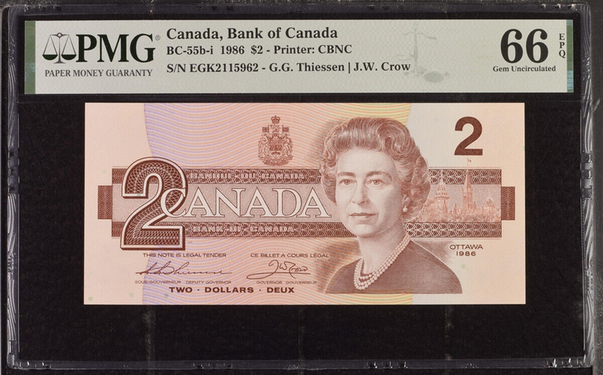Canada 2 Dollars 1986 P 94 Thiessen Crow BC-55bi Gem UNC PMG 66 EPQ