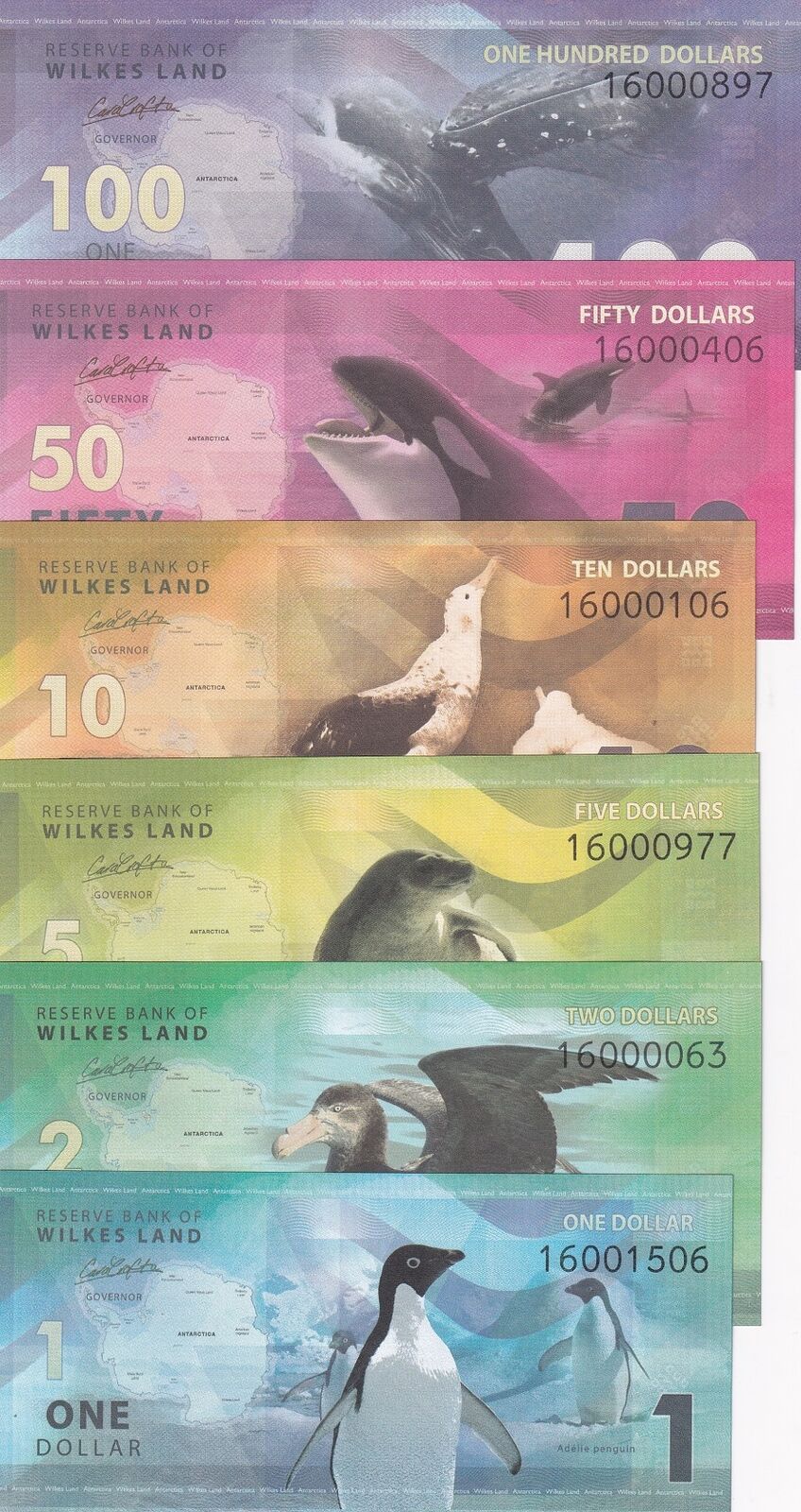 The Wilkes land Set 7 1 2 5 10 50 100 Dollars penguin Blue Whale Seal Fantasy