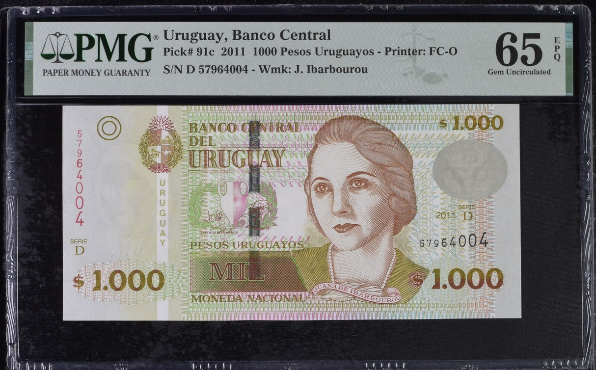 Uruguay 1000 Pesos 2011 P 91 c Gem UNC PMG 65 EPQ