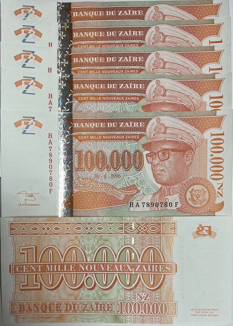 Zaire 100000 Nouveaux 1996 P 76 UNC LOT 5 PCS