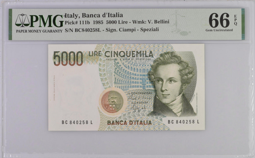 Italy 5000 Lire 1985 P 111 b Ciampi-Speziali Gem UNC PMG 66 EPQ